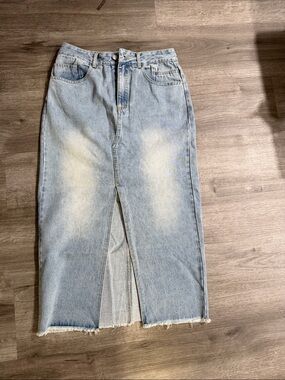 Light Wash Denim Midi Skirt with Front Slit